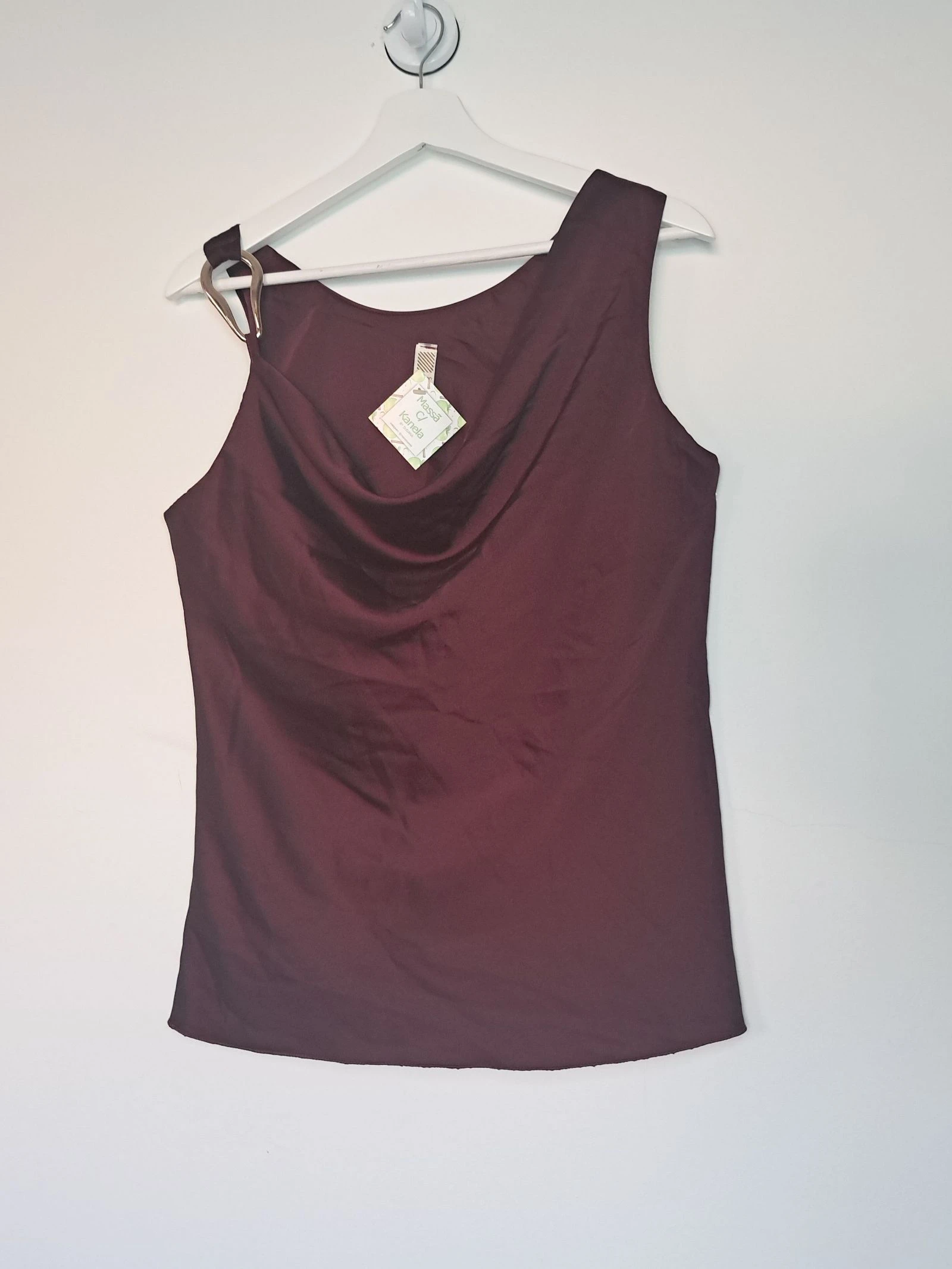 Burgundy Satin Asymmetric Top • Draped Cowl Neck • TU • Quiet Luxury